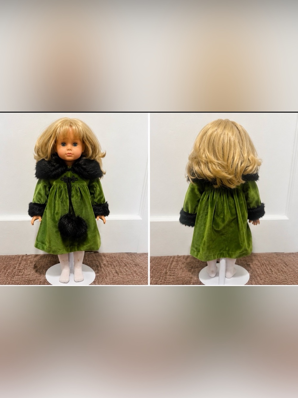 Vintage Götz Doll Blonde Hair Green Velvet Dress w/ Faux Fur Trim Germany - Picture 2 of 12